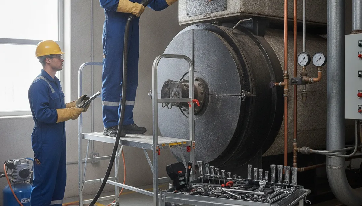 Boiler repair technician servicing a home heating system in Peoria, IL for On Call Plumbers
