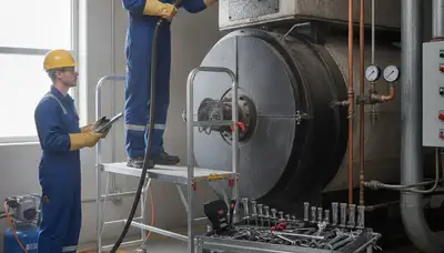 Boiler repair technician servicing a home heating system in Peoria, IL for On Call Plumbers