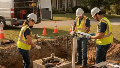 Septic repair technician inspecting system for Peoria, IL home plumbing service