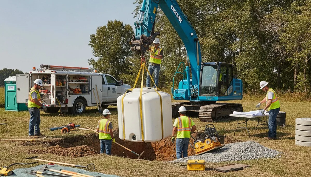 Septic tank installation crew at a Peoria, IL home on site prep for plumbing service