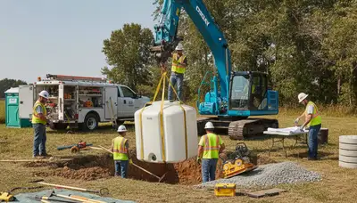 Septic tank installation crew at a Peoria, IL home on site prep for plumbing service