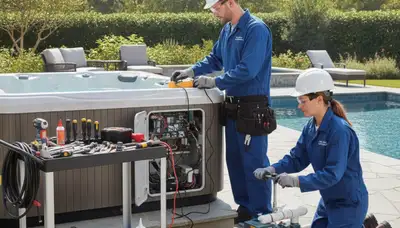 Spa repair technician servicing a home spa in Peoria, IL for reliable plumbing maintenance
